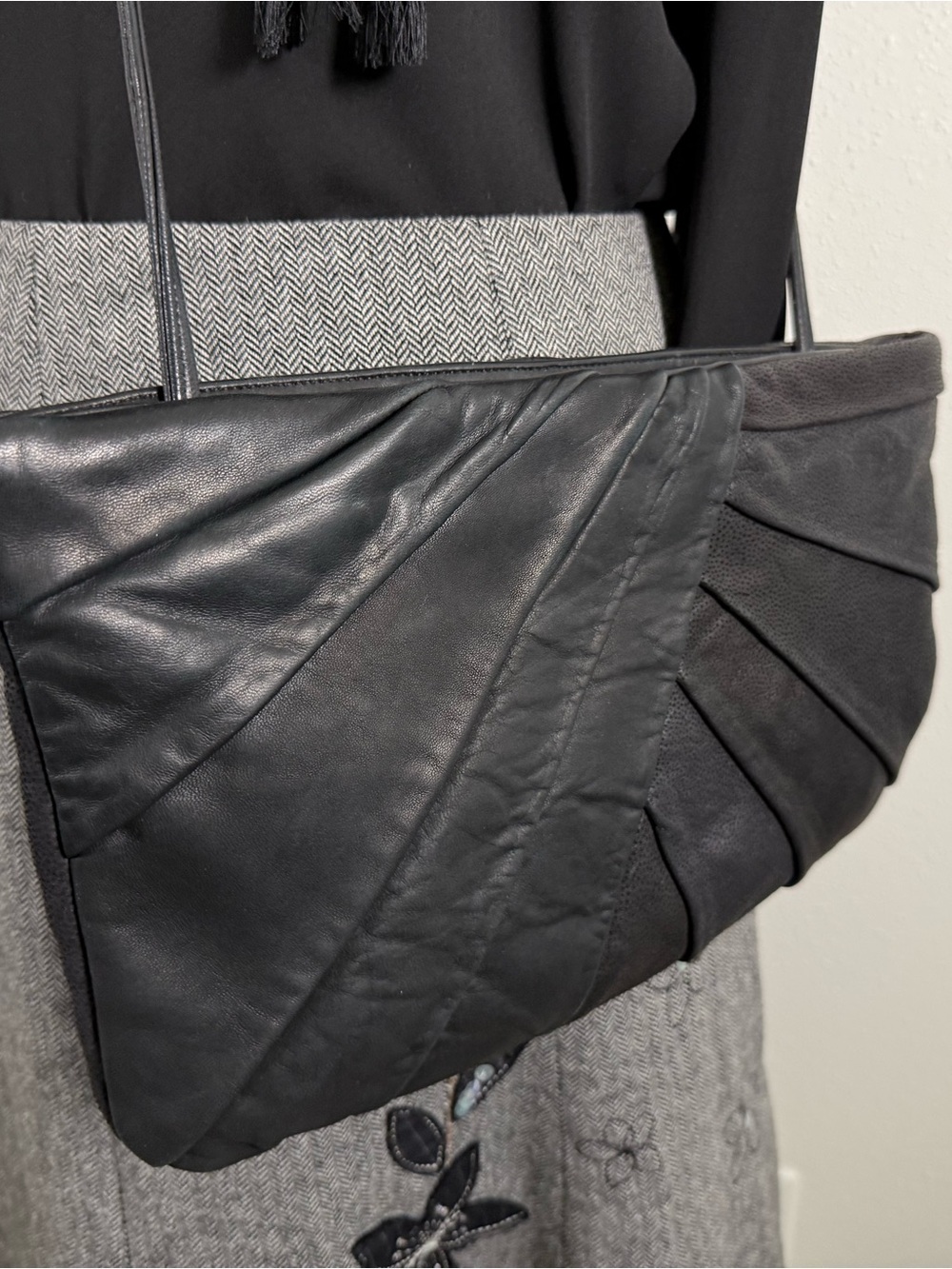 Vintage 90s Black Navy Leather Shoulder Bag Geometric Made in USA Saddle River